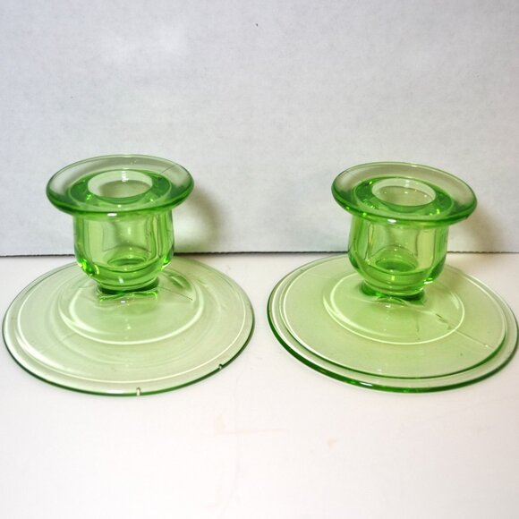 Vintage Pair Of Green Uranium Glass Candleholders Glow Home Decor - Picture 1 of 4